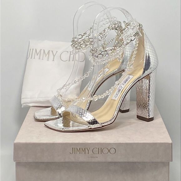Jimmy Choo Neena Croc-Embossed Metallic Leather Embellished Sandals size 36.5 - Picture 12 of 14